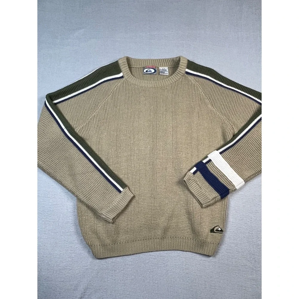 VTG Quiksilver Knit Sweater Youth Med Multi Green Blue white Crewneck Stripes‎